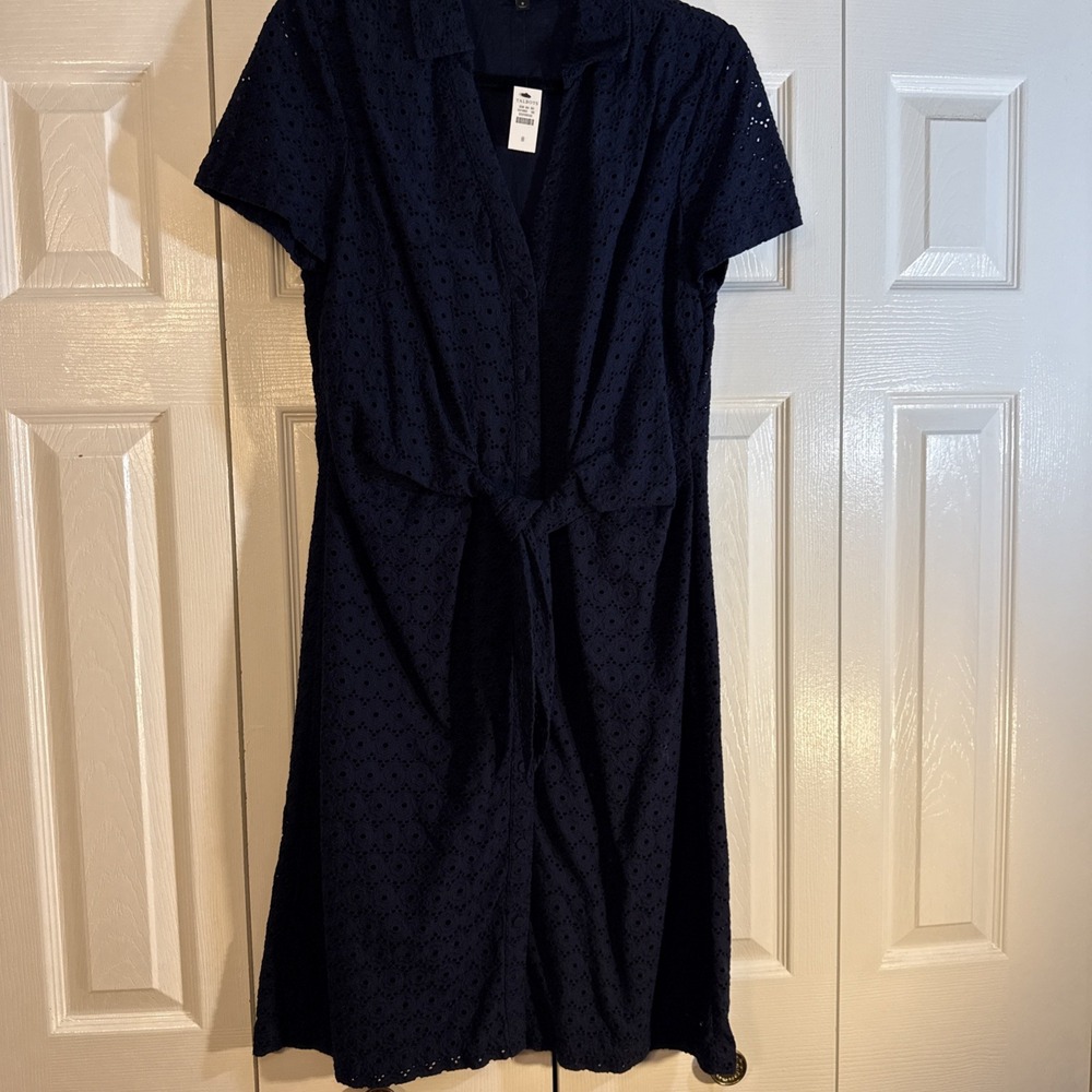 Talbots Navy Blue Eyelet Lace Tie-Front Button-Up Shirt Dress Preppy Size‎ 8